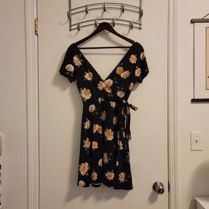 Black and pink floral mock wrap tie-waist dress